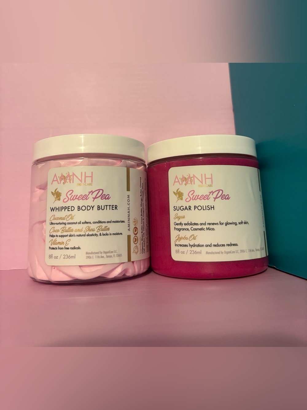 Aminnah Sweet Pea Whipped Body Butter & Sugar Polish - Light Pink and Deep Pink